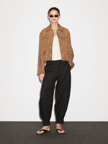 Zara Suede leather jacket with lined buttons - Brown / White