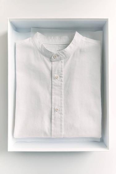 LINEN-BLEND SHIRT WITH STAND COLLAR - White by Zara - Image 0