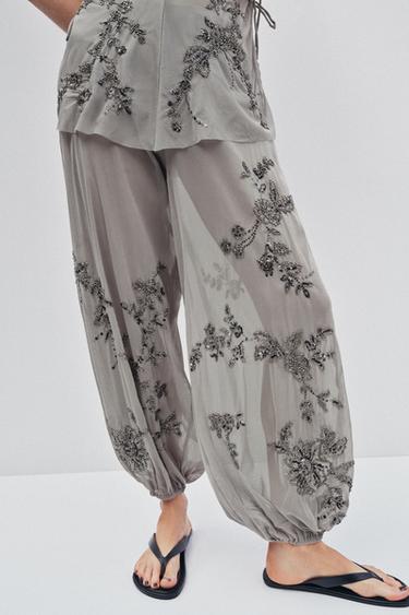 Zara EMBROIDERED BALLOON PANTS - Light gray