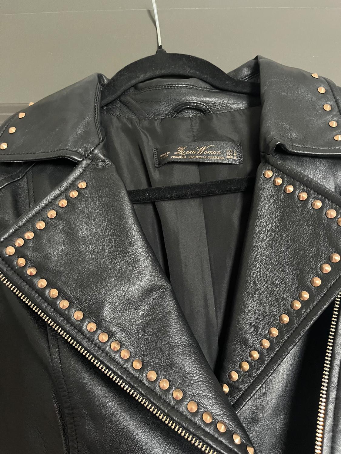 ZARA LAMBSKIN NAPA LEATHER BIKER JACKET ROCK STUD BUCKLE STRAP BLACK GOLD - Image 2