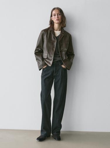 Zara Nappa leather jacket with lapel collar - Green - Image 0