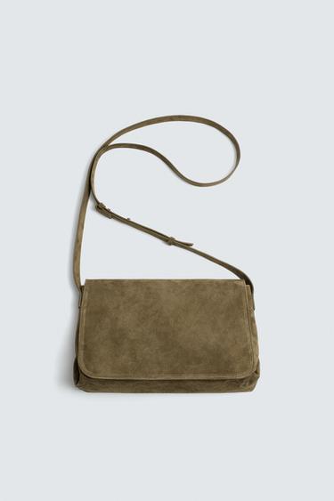 BANDOLERA PIEL - Verde Caqui de Zara - Imagen 0