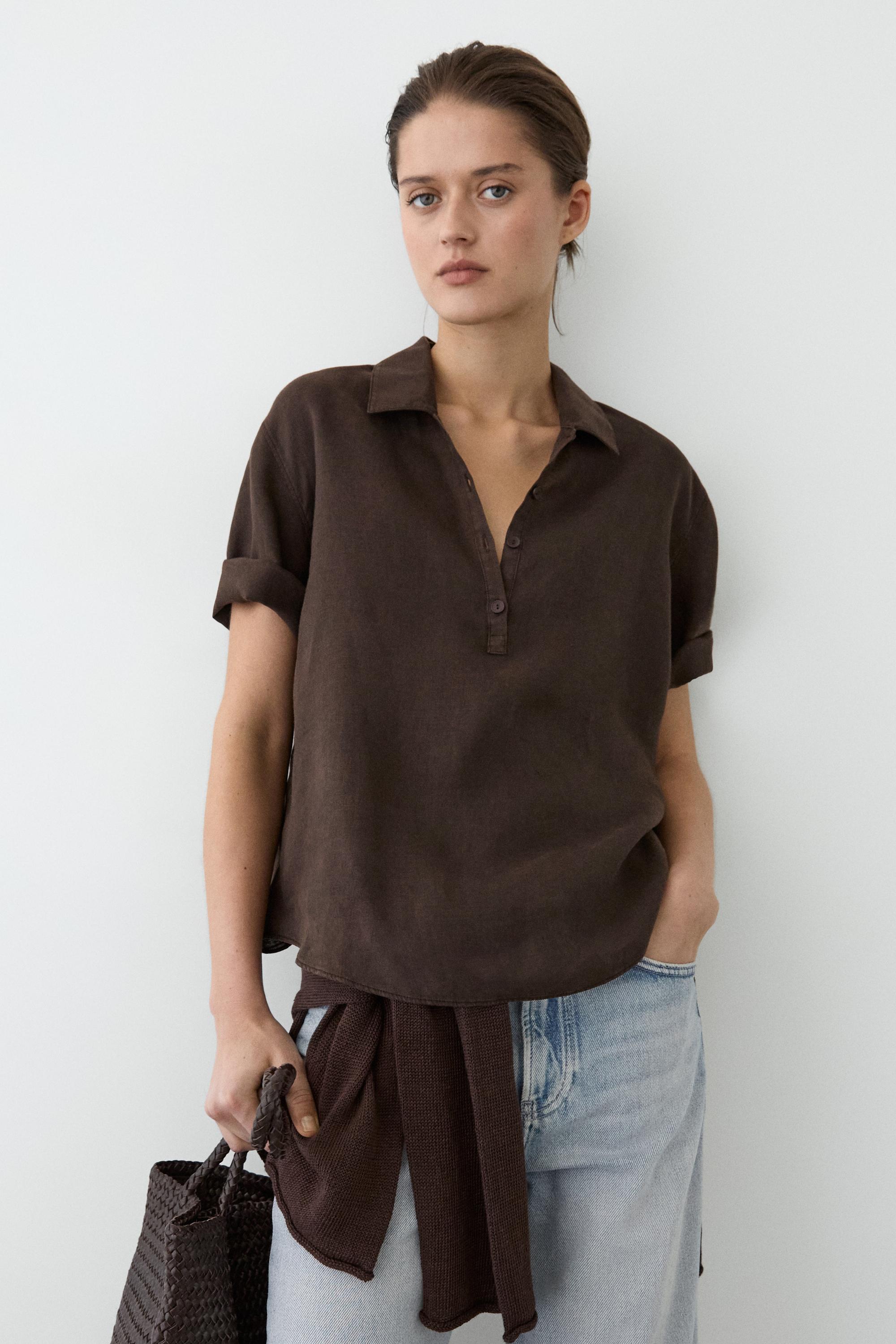 Linen blouse with polo collar