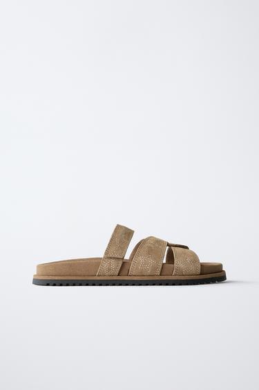 LEDERSANDALE MIT STICKEREI - Braun von Zara