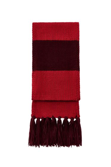 Zara 條紋流蘇針織圍巾 - 紅色