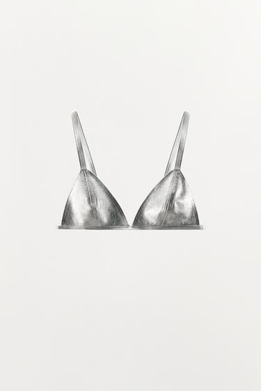 SUJETADOR METALIZADO PIEL 100% - Plata de Zara