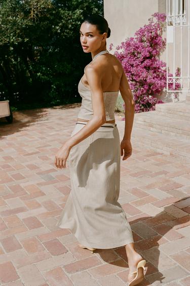 Zara LINEN BELTED MIDI SKIRT - Sand