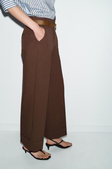 Zara BELTED CUFFED HEM PANTS - Brown