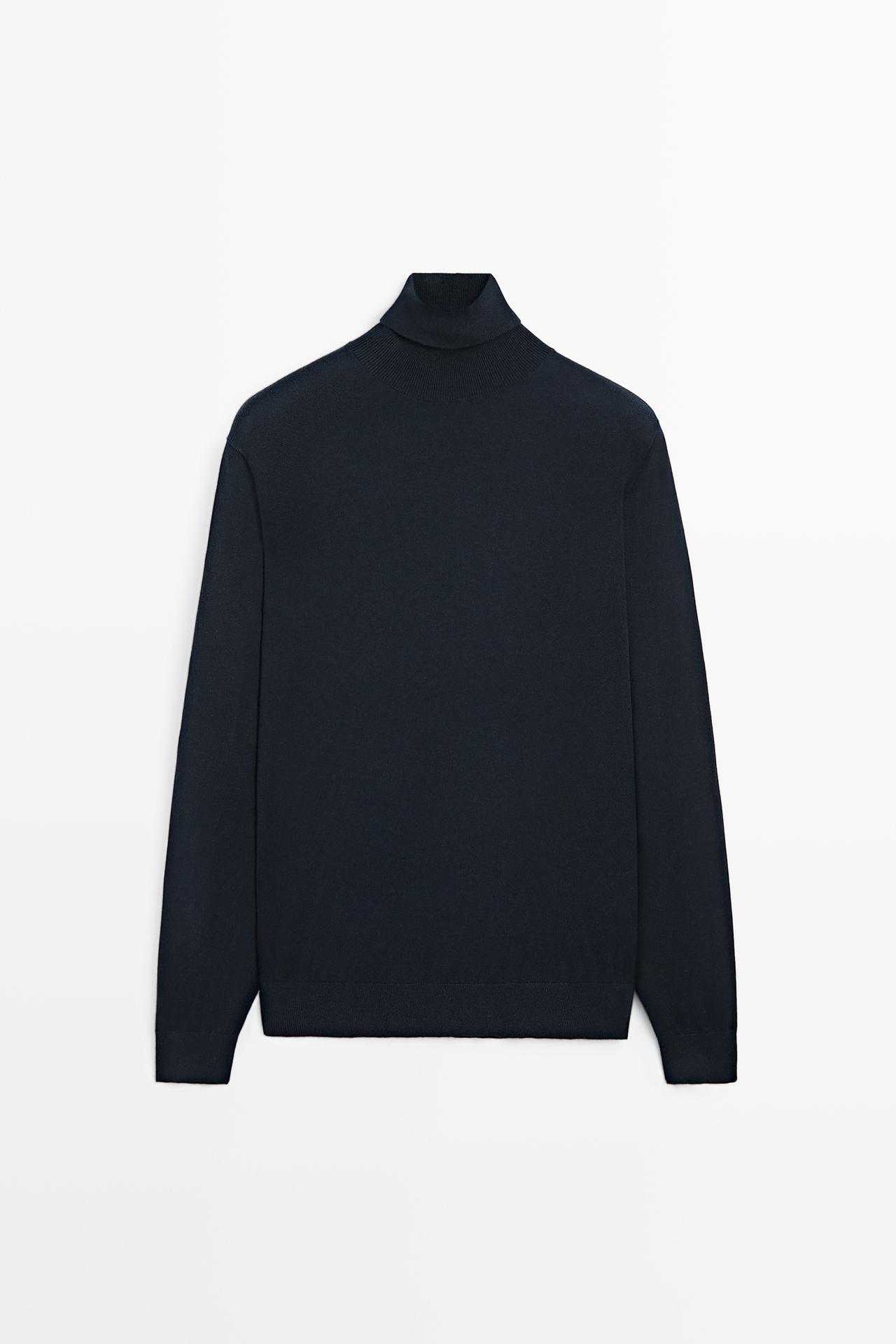 Cotton blend high neck knit sweater — Navy blue