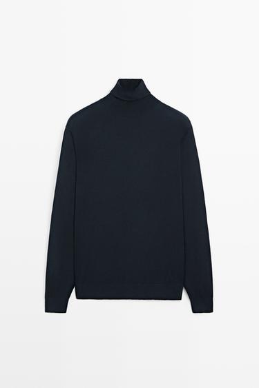 Cotton blend high neck knit sweater — Navy blue 1