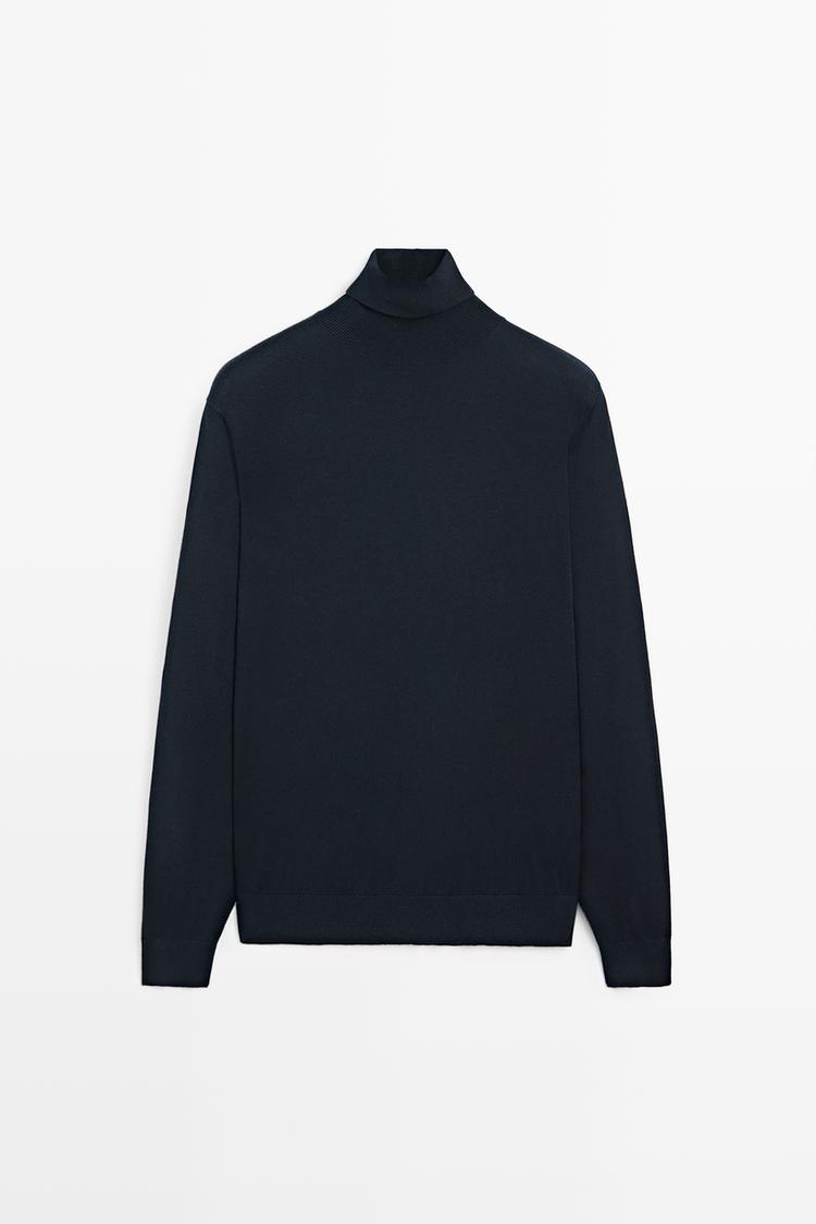 Cotton blend high neck knit sweater — Navy blue
