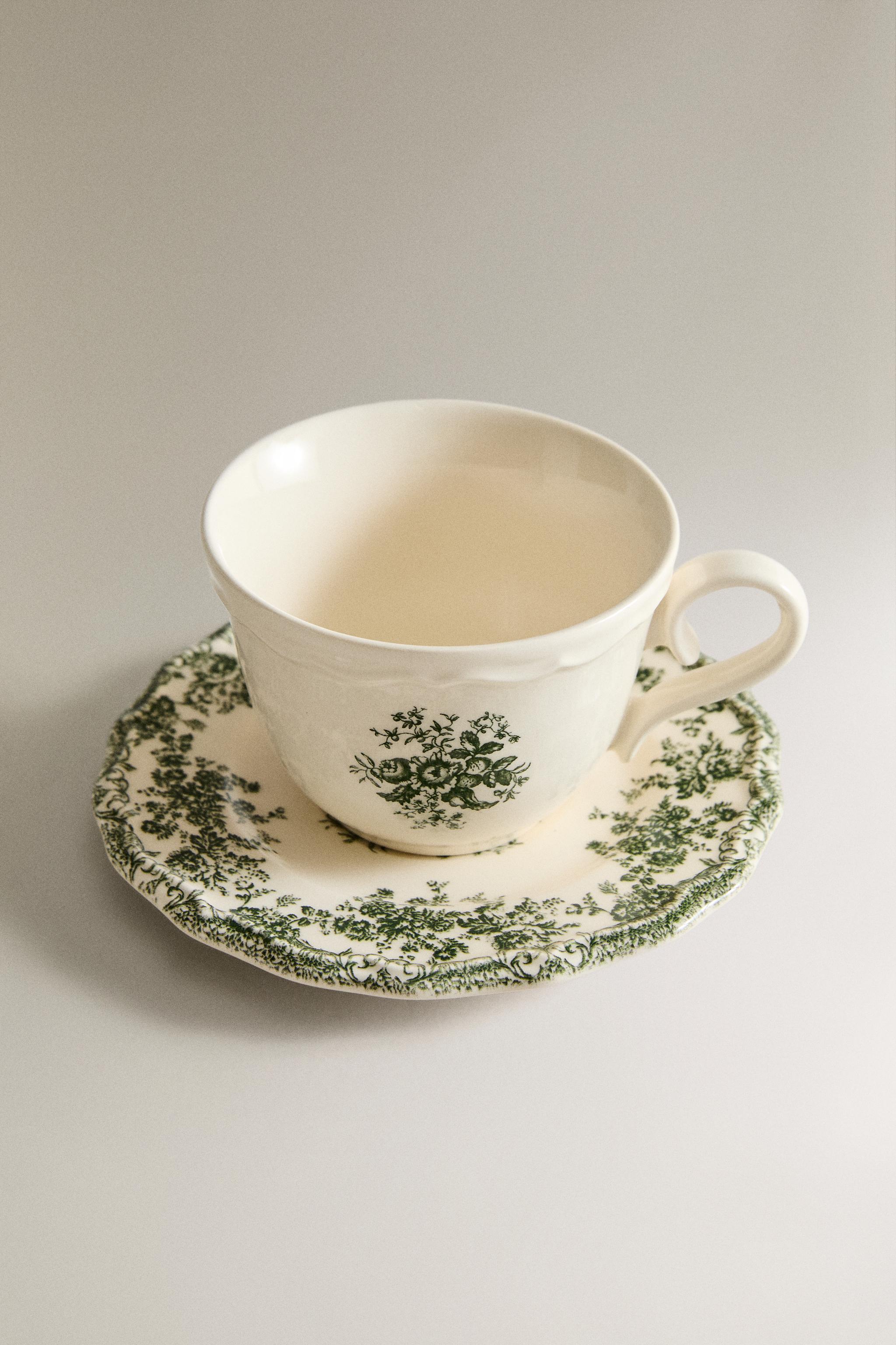 FLORAL TEACUP AND SAUCER — Dark olive