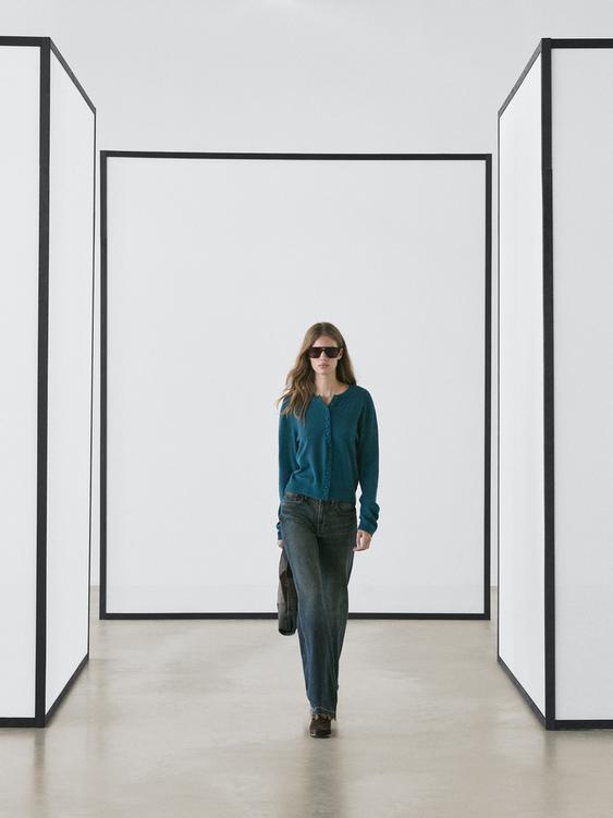 Wool knit cardigan with covered buttons