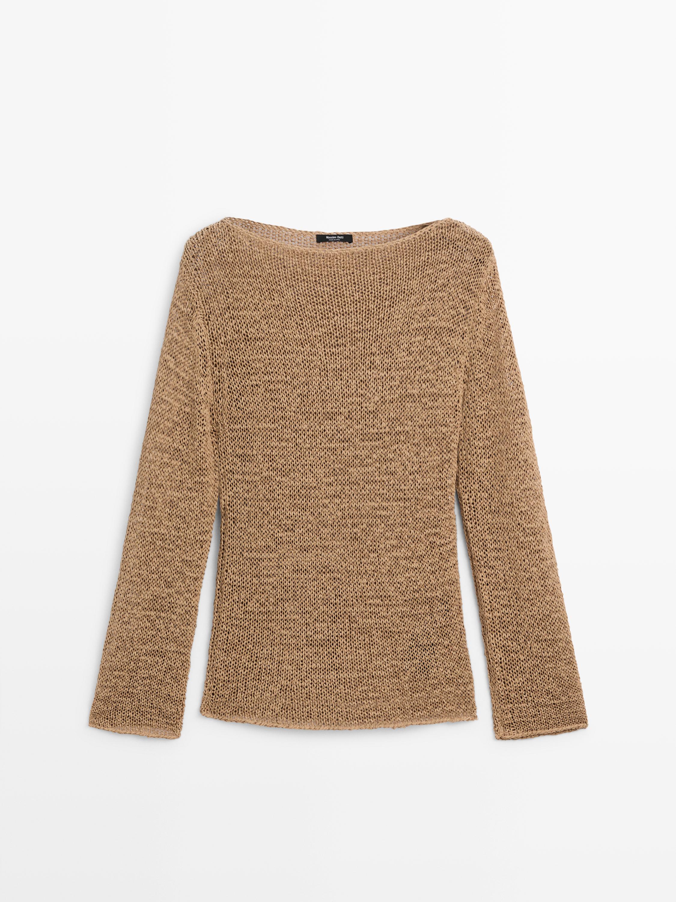 Cotton blend knit boat neck sweater — taupe brown