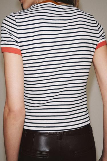 STRIPED SHORT SLEEVE T-SHIRT - Ecru / Navy by Zara - Image 2