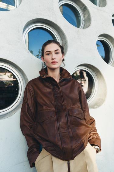 100% LEATHER BOMBER JACKET ZW COLLECTION LIMITED EDITION - Brown by Zara