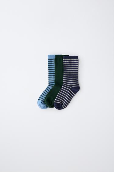 Zara 三雙裝條紋與純色中筒襪 - 綠色 - 圖片 0