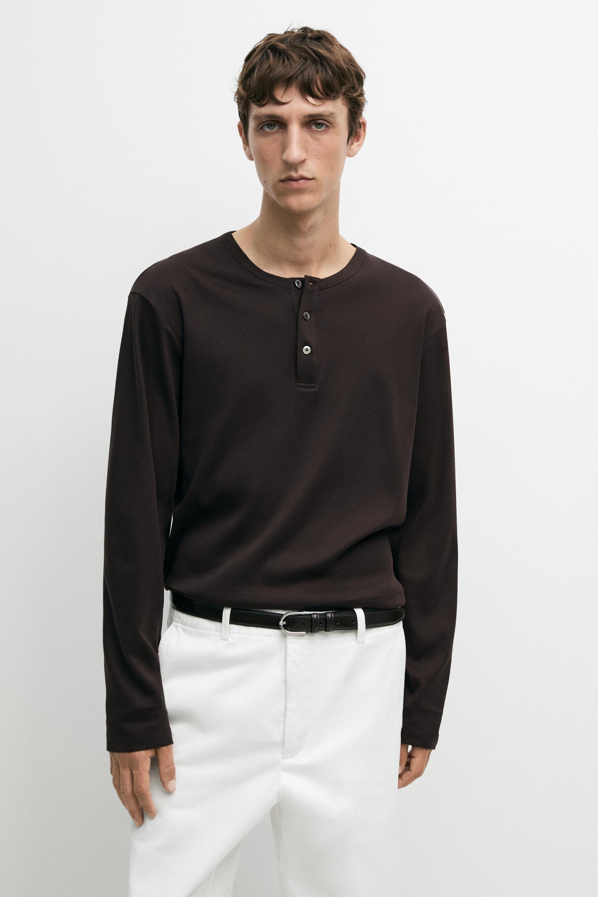 100% cotton long sleeve henley T-shirt — Chocolate