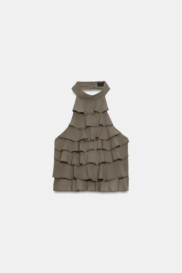 TOP GEORGETTE S VÝSTRIHOM OKOLO KRKU - Svetlá kaki zn. Zara