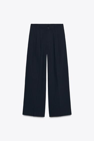 Zara ZW COLLECTION 細條紋寬管長褲 - 海藍色
