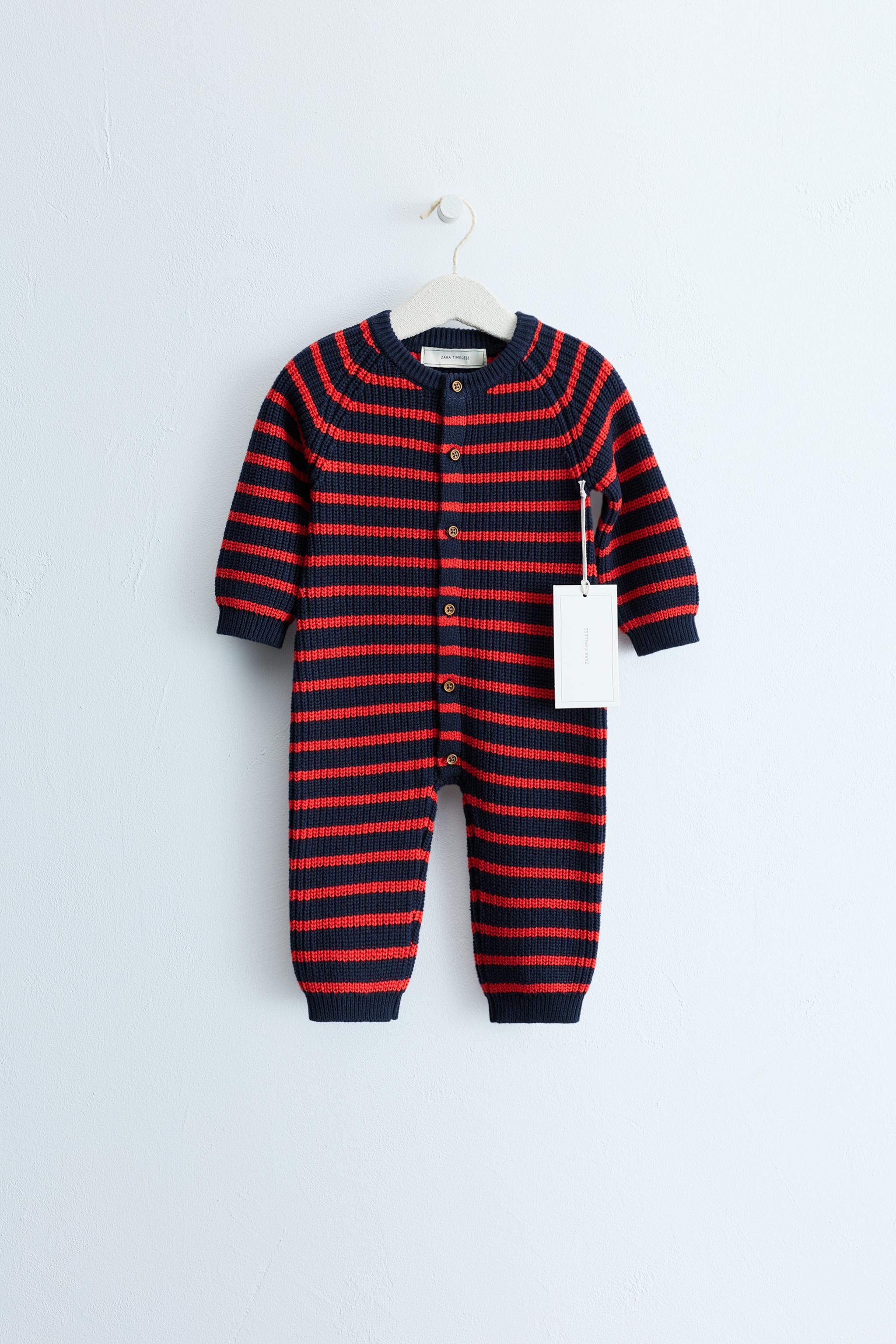 ZARA TIMELESS - COTTON AND WOOL BLEND STRIPED LONG JUMPSUIT — Red / Navy