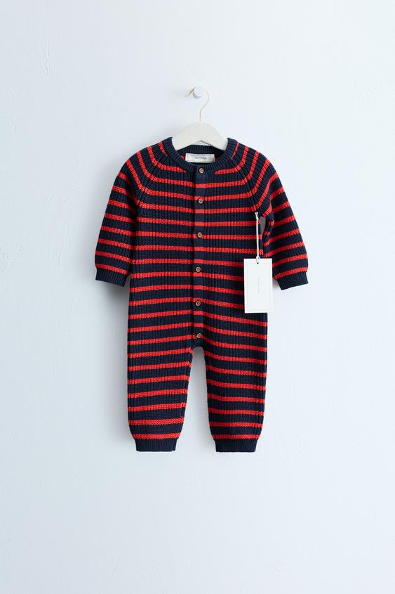 Zara ZARA TIMELESS - STRIPED COTTON AND WOOL BLEND JUMPSUIT - Red / Navy - Image 0