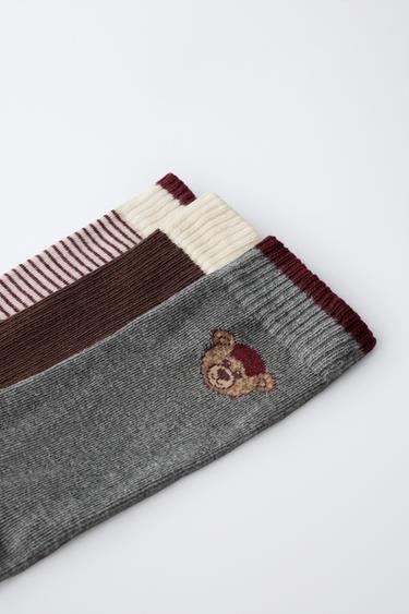 3-PACK OF MID-CALF BEAR AND STRIPE SOCKS — Maroon 2
