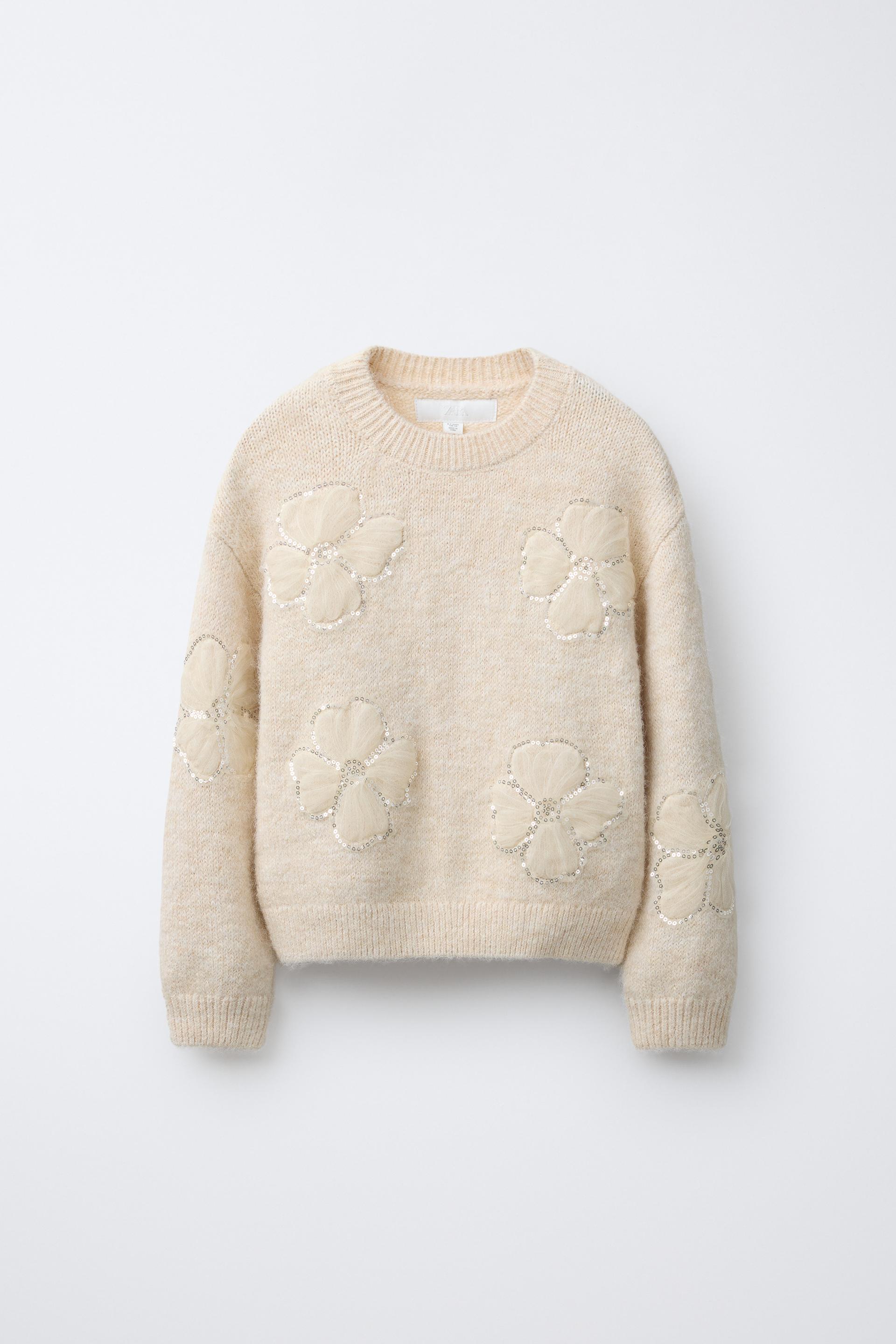 Knit Jumper With Tulle Flowers And Sequins