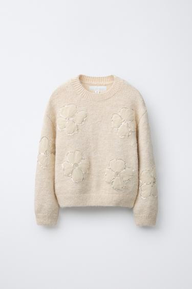STRICKPULLOVER MIT BLUMEN, TÜLL UND PAILLETTEN - Cremefarben von Zara - Bild 0