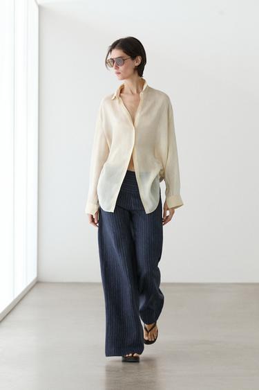 Zara Flare fit linen trousers with striped details - Navy blue