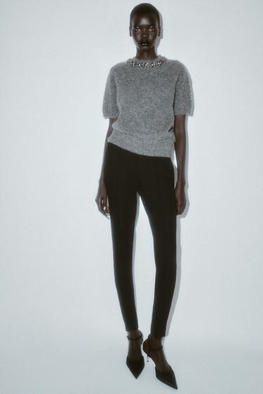 Zara SHORT SLEEVE JEWEL BEAD KNIT JUMPER - Gray