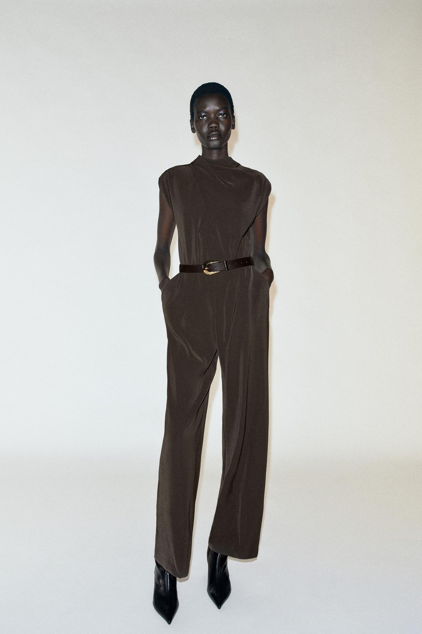 Женский комбинезон Zara Belted Jumpsuit, цвет: Тёмный хаки