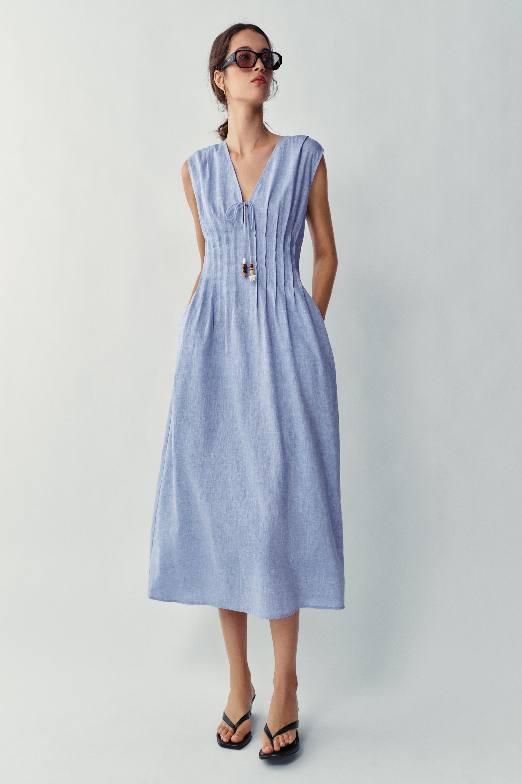LINEN BLEND PINTUCK MIDI DRESS - Blue | ZARA Singapore