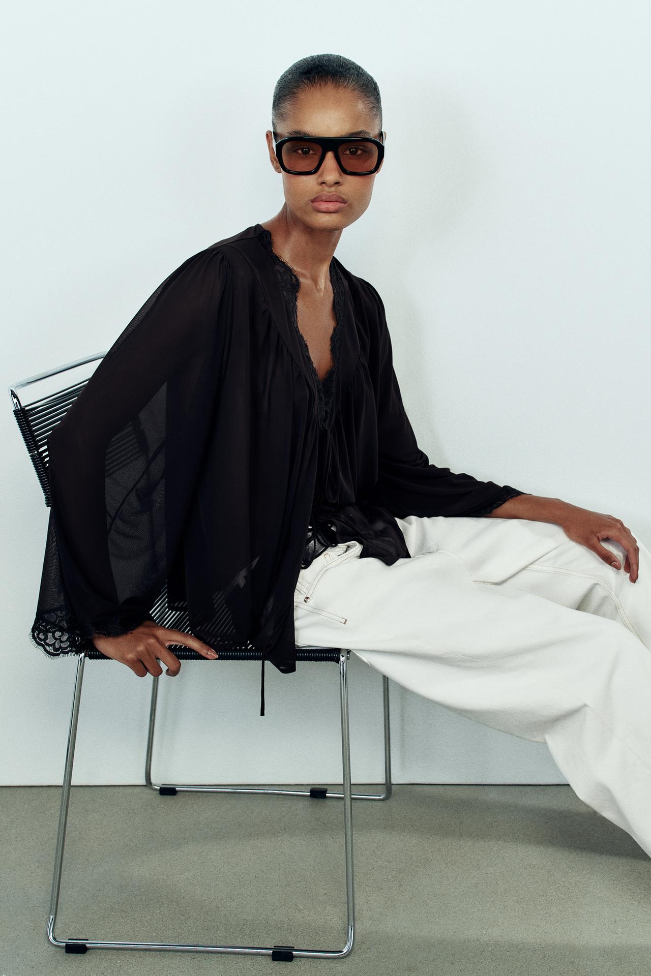 LACE TIE-FRONT BLOUSE — Black