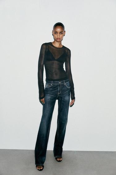 SEMI-SHEER GATHERED T-SHIRT - Black by Zara