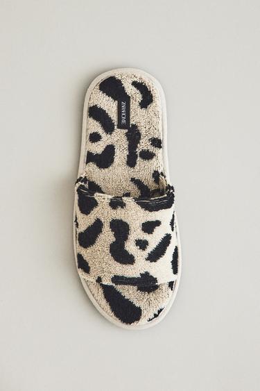Zara TERRYCLOTH ANIMAL PRINT SLIDER SLIPPERS - Leopard