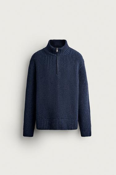 COTTON-WOOL QUARTER-ZIP SWEATER — Blue marl 1