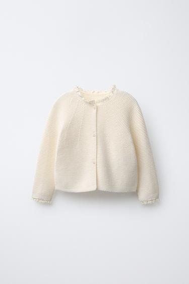 INTERLOCK KNIT CARDIGAN WITH LACE TRIM - Ecru by Zara