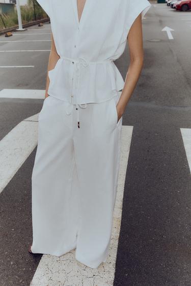 BLOUSE CEINTURE AVEC LIN - Blanc de Zara - Image 3