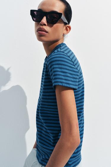 STRIPED COTTON AND LINEN T-SHIRT - Blue / Indigo by Zara - Image 4