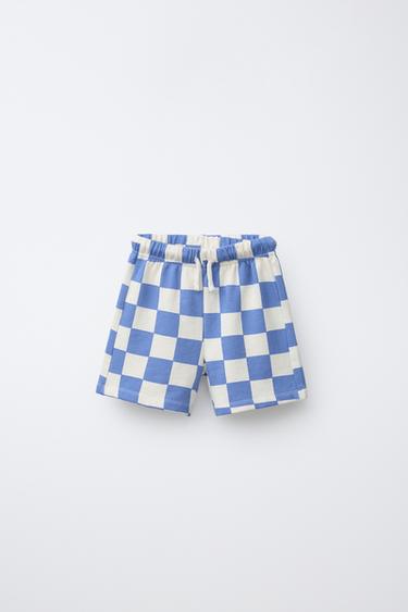 Zara CHECKERBOARD SHORTS - Ecru / Blue
