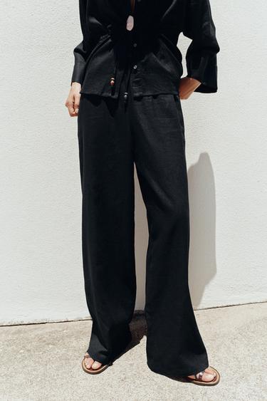 Zara WIDE LINEN PANTS - Black
