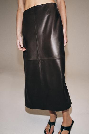 Zara ZW COLLECTION 100% LEATHER MIDI SKIRT - Brown