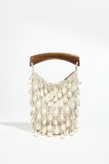 Zara BEADED FABRIC BUCKET BAG - Light beige