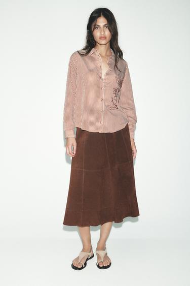 STRIPED EMBROIDERED BEADED SHIRT - Brown / Ecru by Zara - Image 0