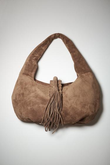 FRINGED SPLIT SUEDE SHOULDER BAG - Chocolate by Zara