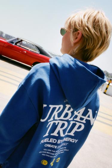 HOODIE WITH RAISED SLOGAN - Bluish by Zara