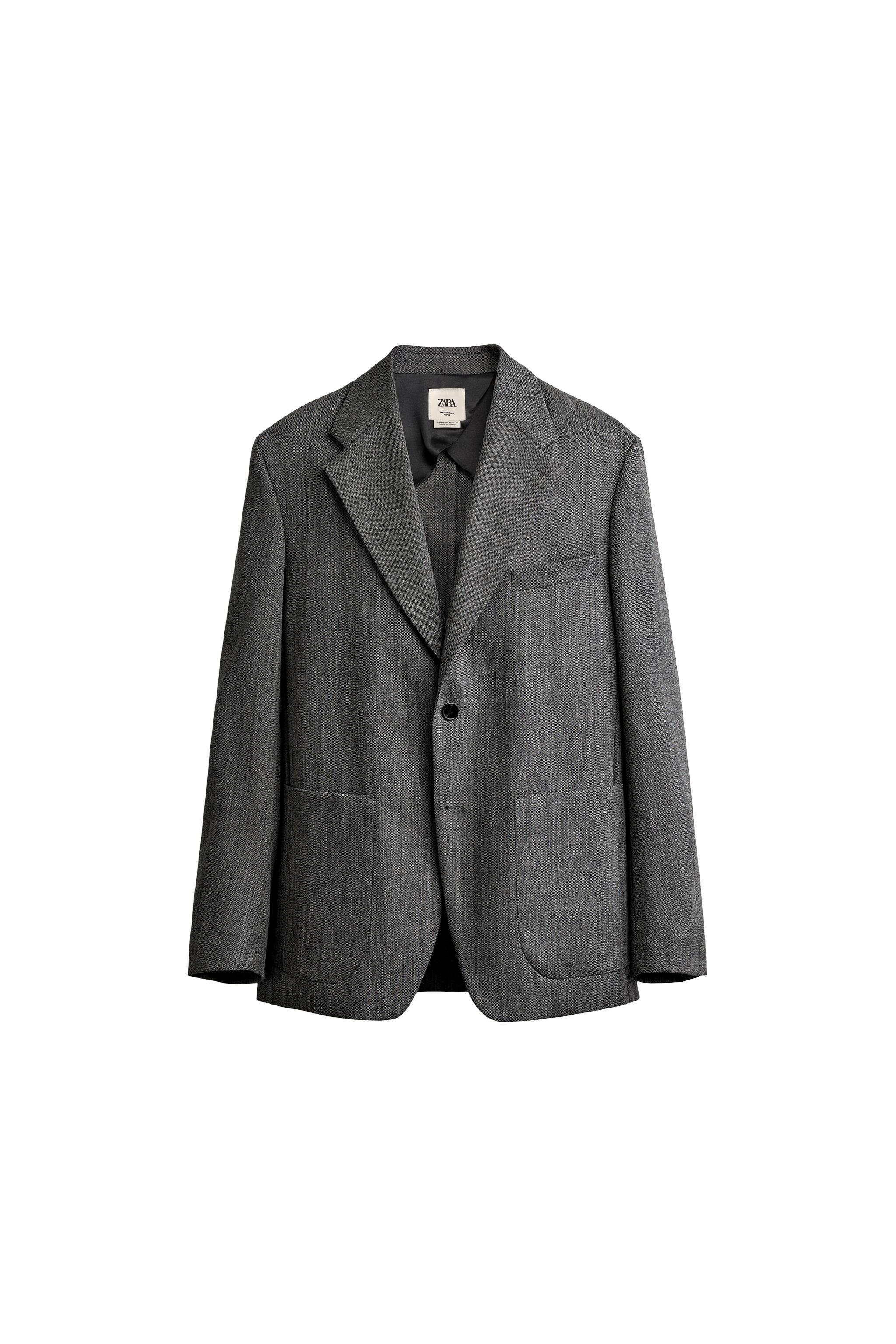 ZARA ボタン付きフィットブレザー　XL 100%ウール リラックスフィットスーツブレザー - カーボングレー