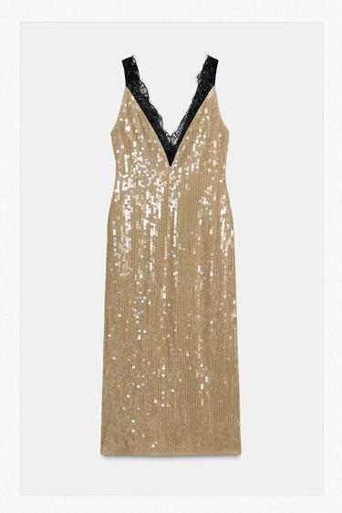 VESTIDO LENTEJUELAS ENCAJE ZW COLLECTION - Dorado de Zara