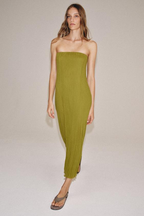 STRAPLESS TEXTURED DRESS - Mid-green | ZARA United States STRAPLESS TEXTURED DRESS - Mid-green | ZARA United States